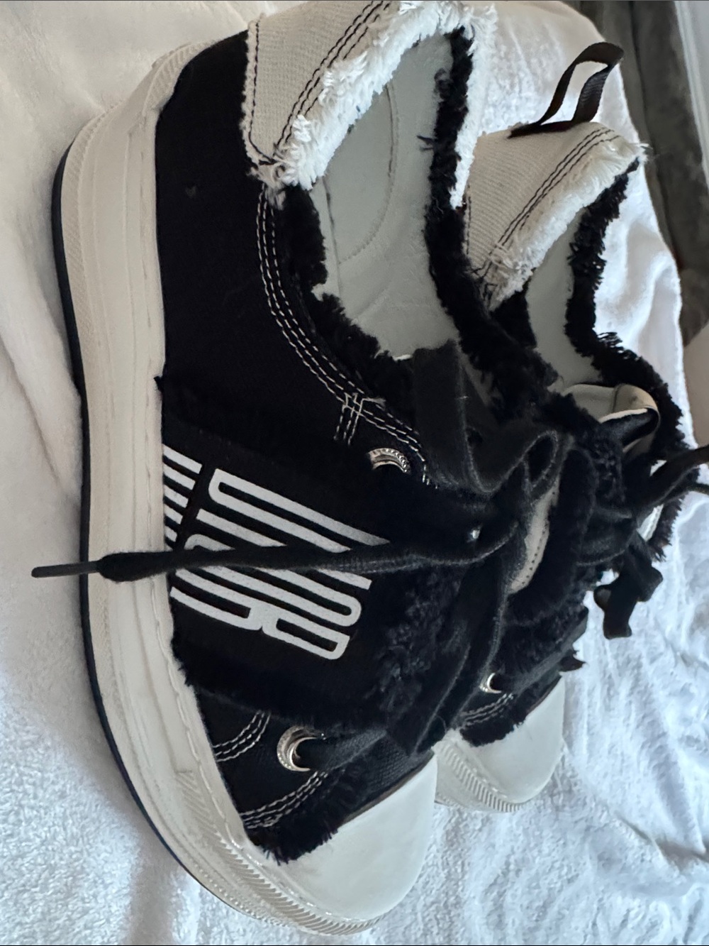 Black and White High-Top Frayed-Trim Sneakers